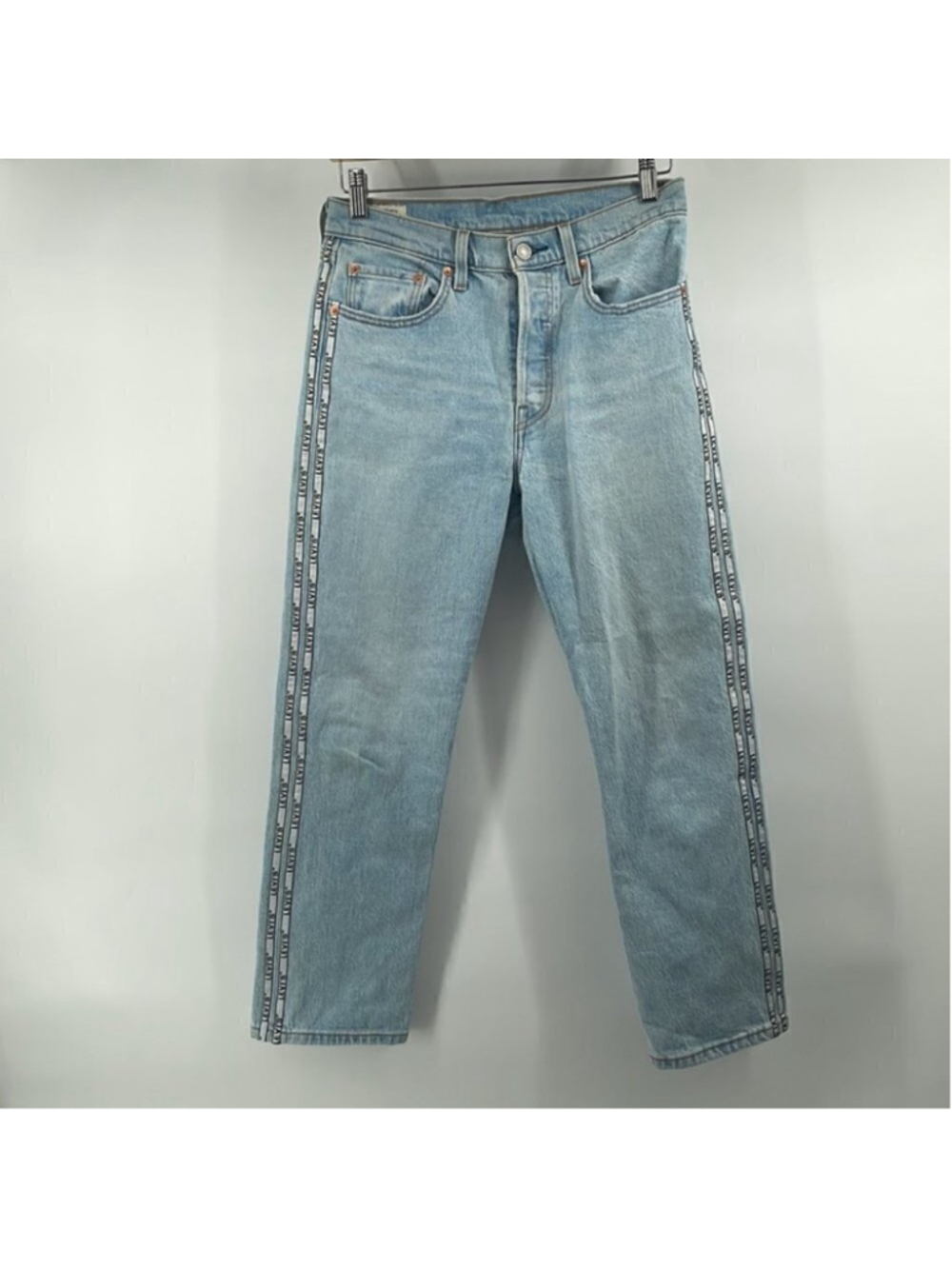 LEVI’S 501 premium logo tape jeans light wash y2k sz 27 button fly spell out - Picture 6 of 13